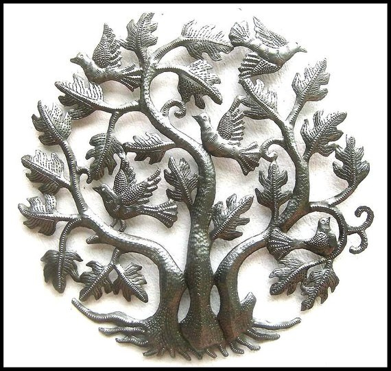 Metal Art Tree and Birds, Metal Wall Hanging, Haitian Art, Recycled Steel Drum Art